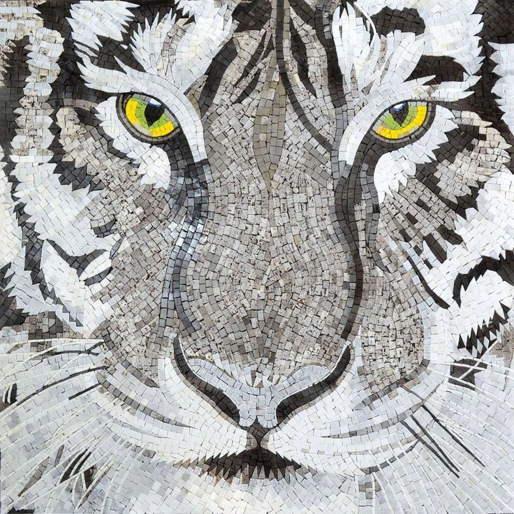White tiger with yellow eyes Mosaic Panel Made of Natural Mosaic Stone