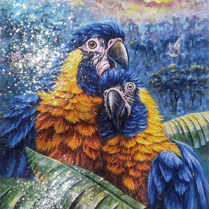 Blue parrots mosaic mosaic panel made of natural mosaic marble
